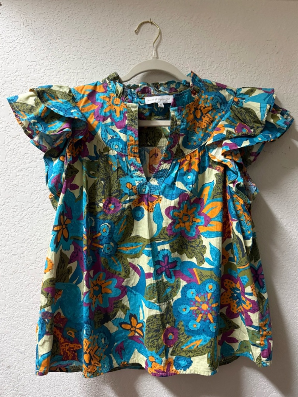 House of Harlow 1960 Floral Ruffle 100% Cotton Top in Teal, Orange, Purple